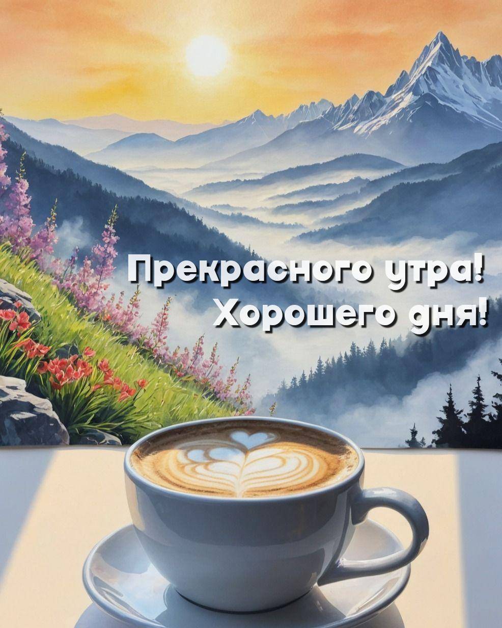 Рассветные лучи и горы, чашка кофе с латте-артом