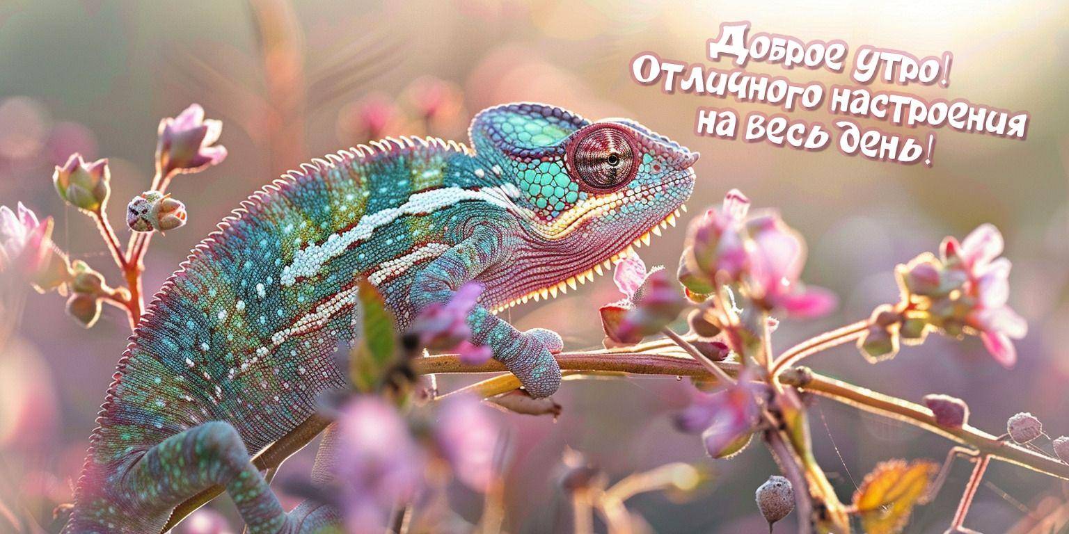 Разноцветный хамелеон на ветке среди цветов