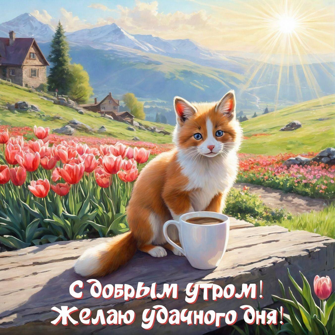 Рыжая лиса с чашкой на фоне тюльпанов и гор