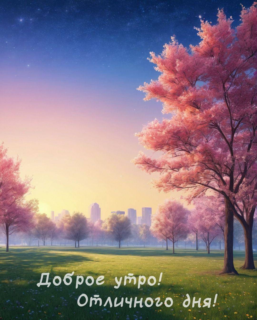 Розовые деревья на фоне города утром