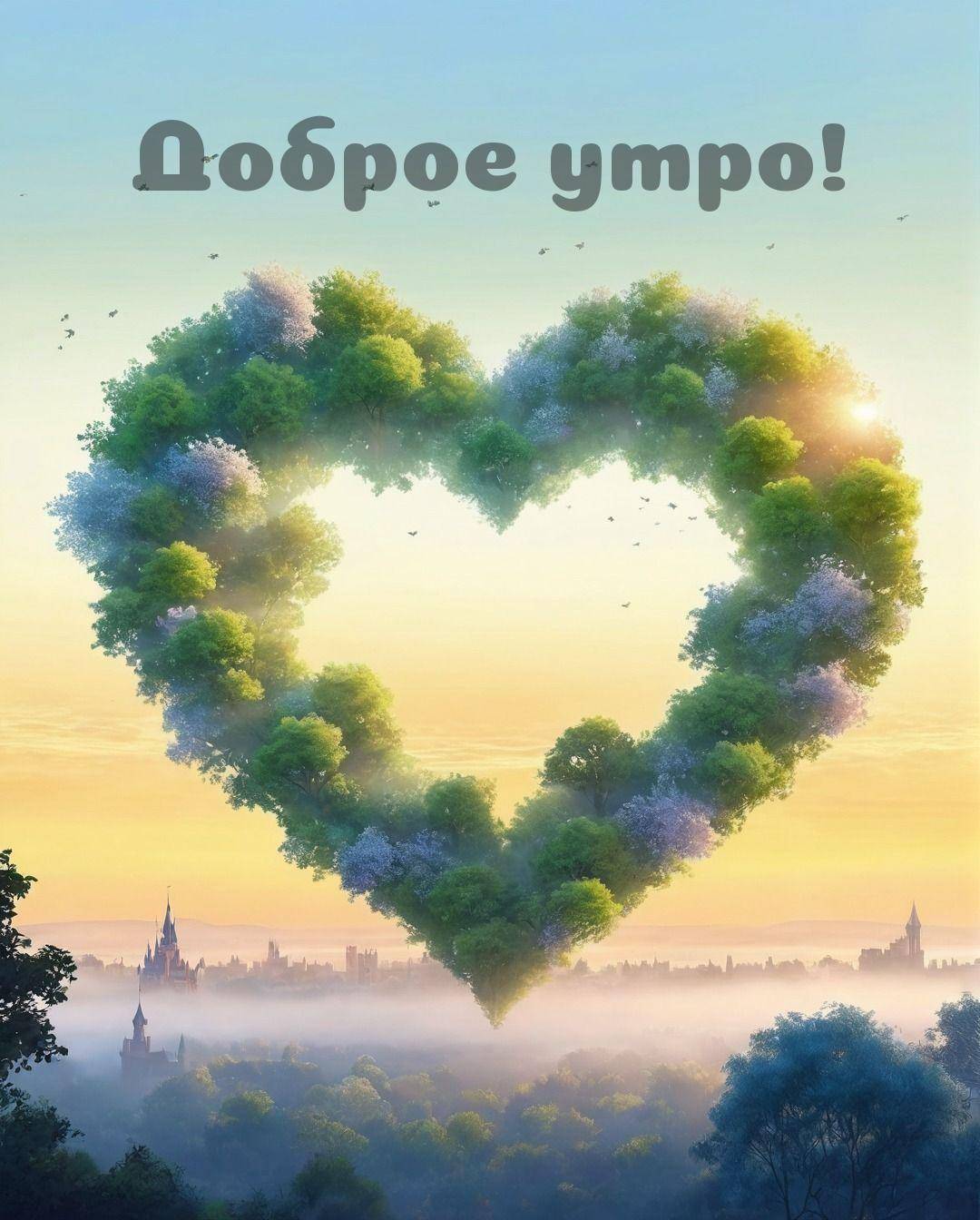 Сердце из деревьев над туманным городом