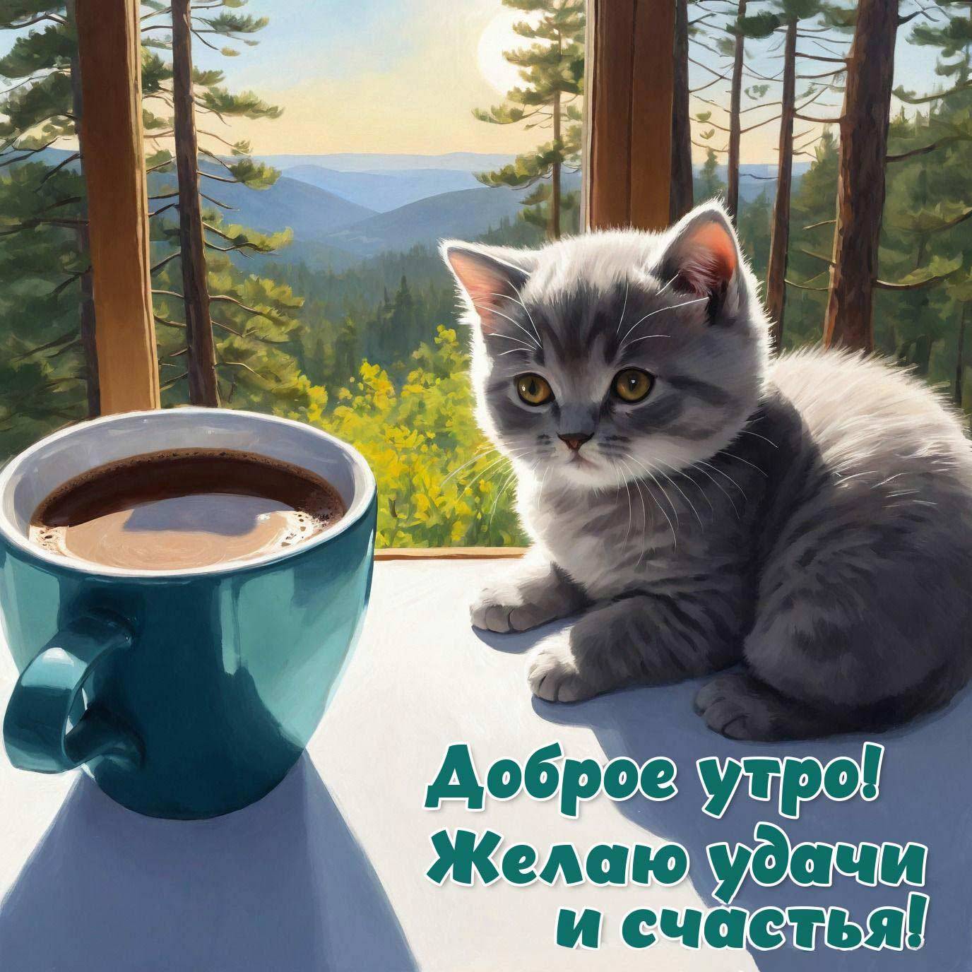 Серый котенок рядом с чашкой кофе на фоне леса и гор