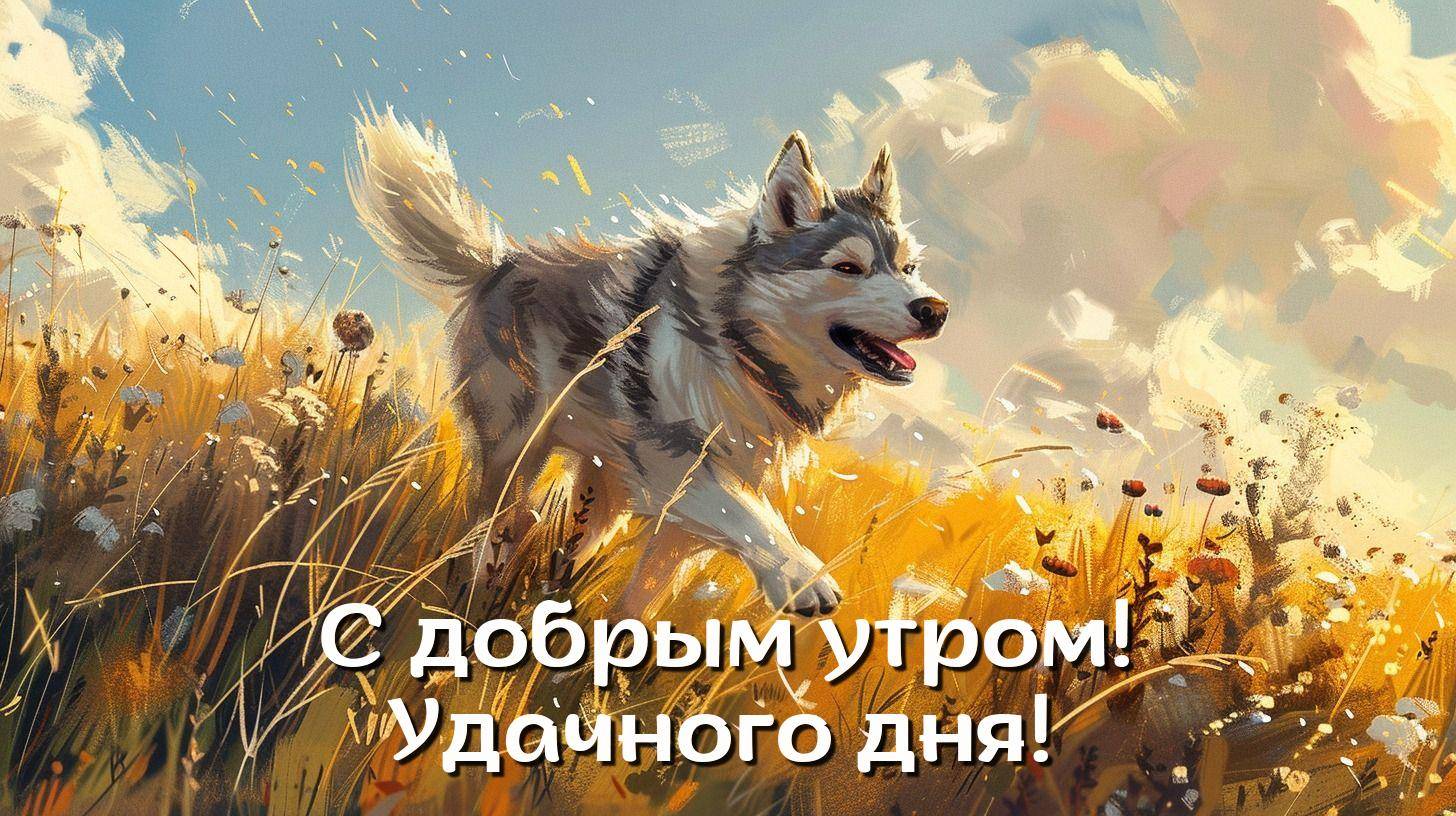 Собака бежит по полю с травой и цветами