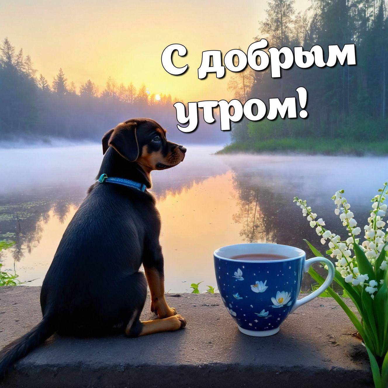 Собака на фоне реки и леса утром