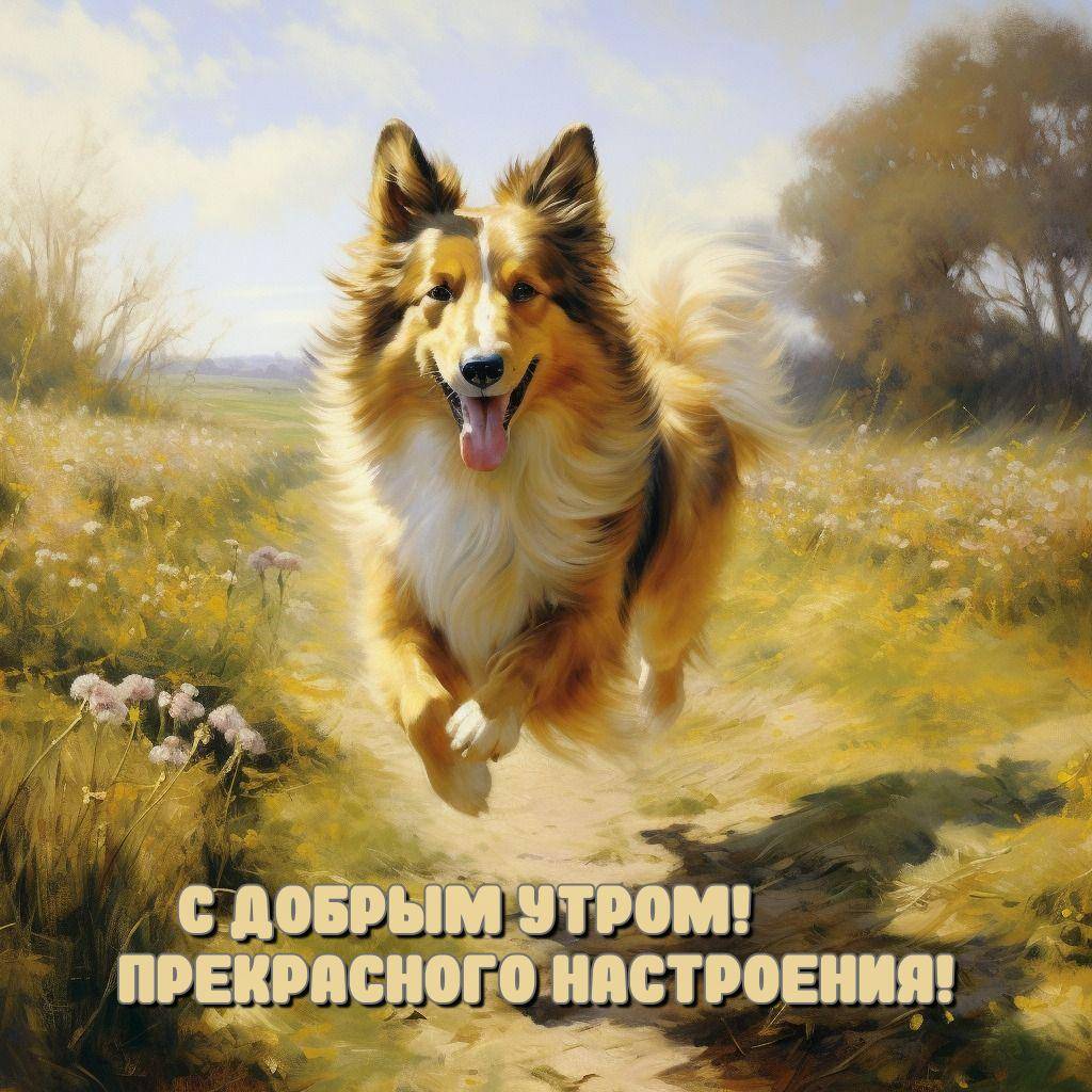 Собака породы колли бежит по цветущему полю