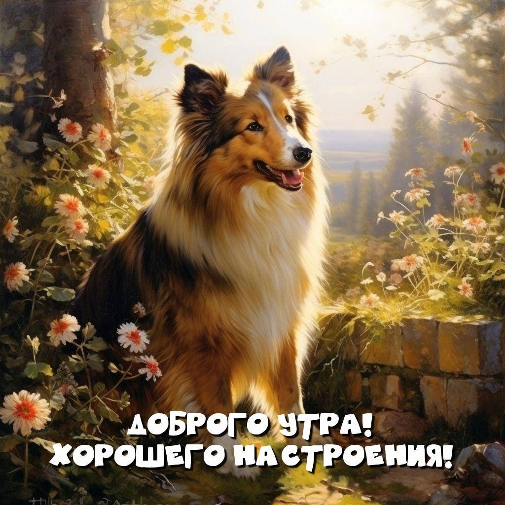Собака породы колли на фоне цветущего сада