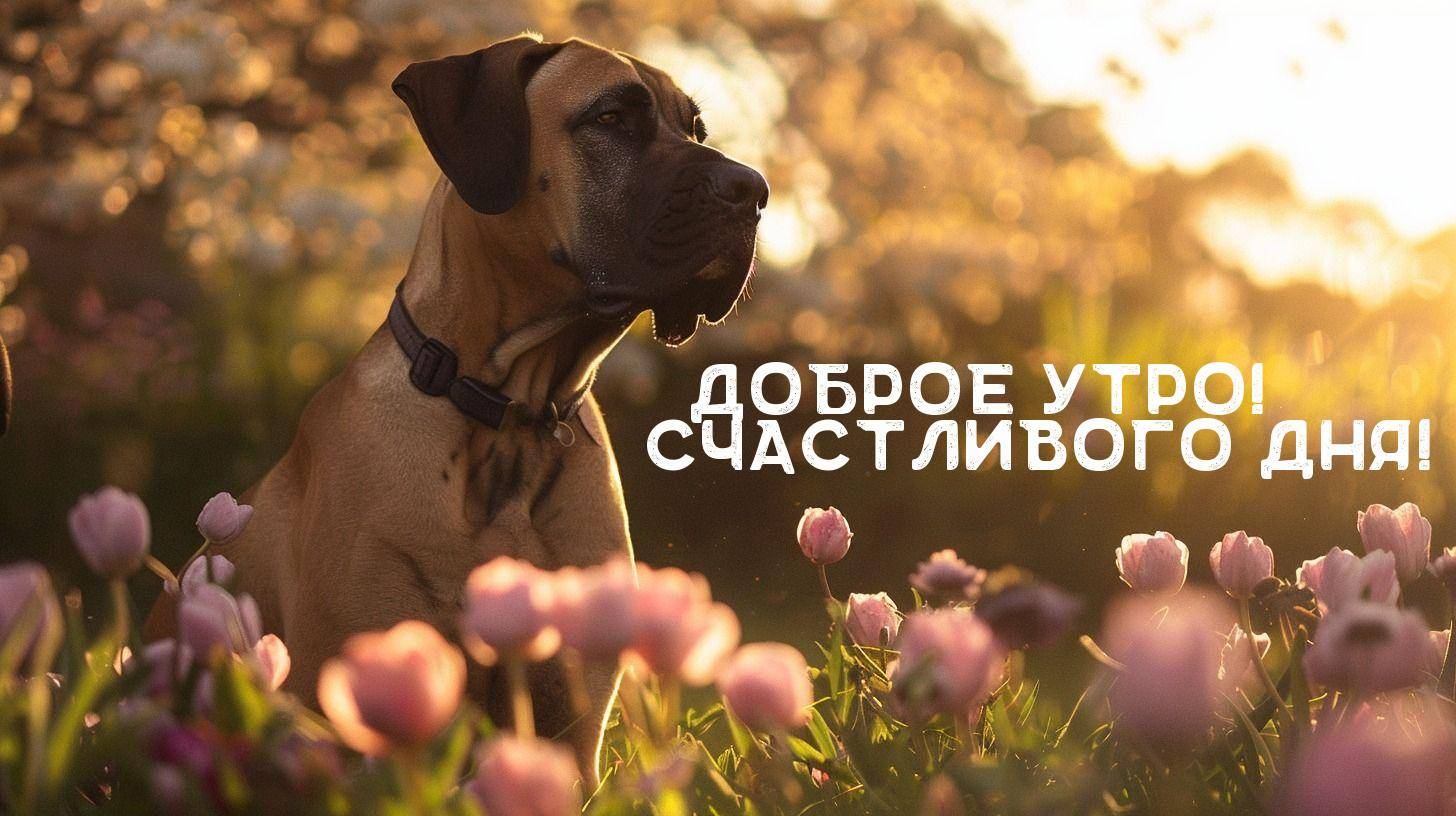 Собака среди розовых тюльпанов на фоне утреннего света