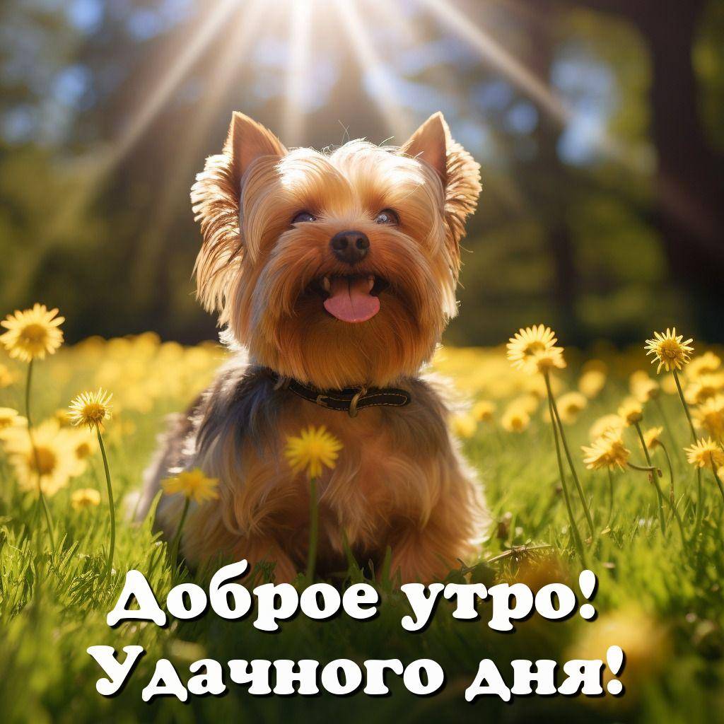 Собака среди жёлтых цветов на фоне солнечных лучей
