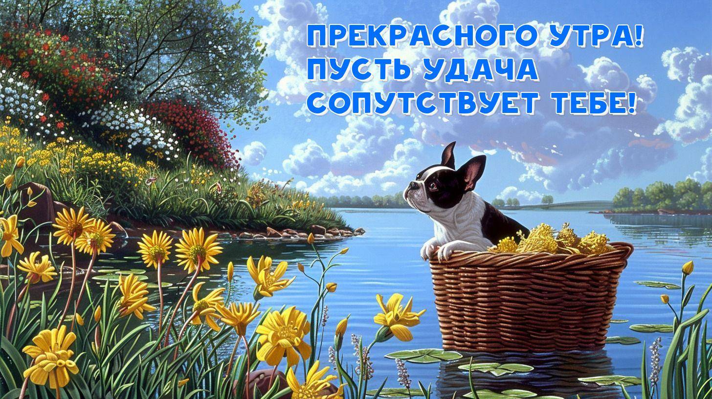 Собака в корзине на фоне озера и цветов