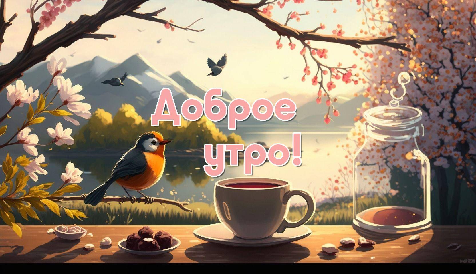 Солнечное утро над озером, цветущие деревья и чай