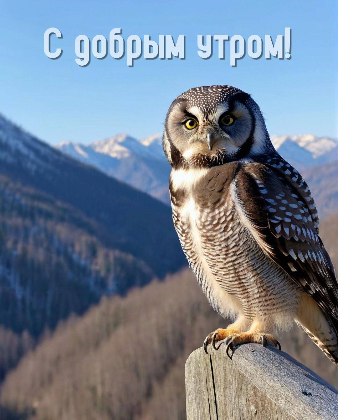 Сова на фоне гор и леса