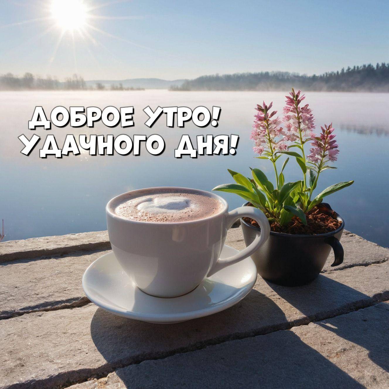 Тихое утро, чашка кофе и цветок у озера