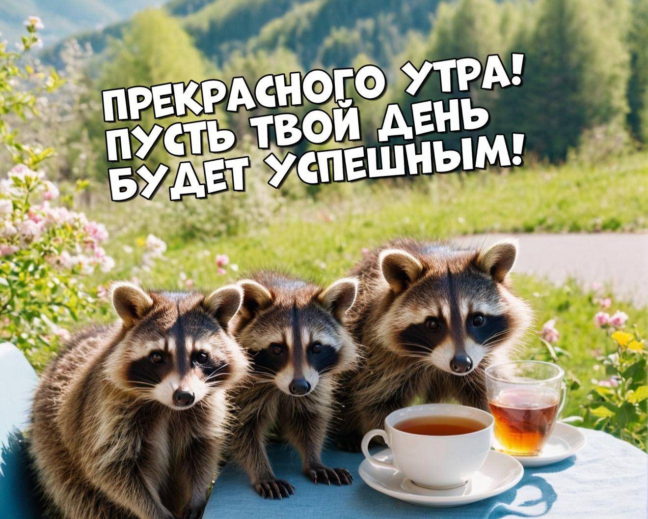 Три енота на столе среди природы, белая чашка спереди