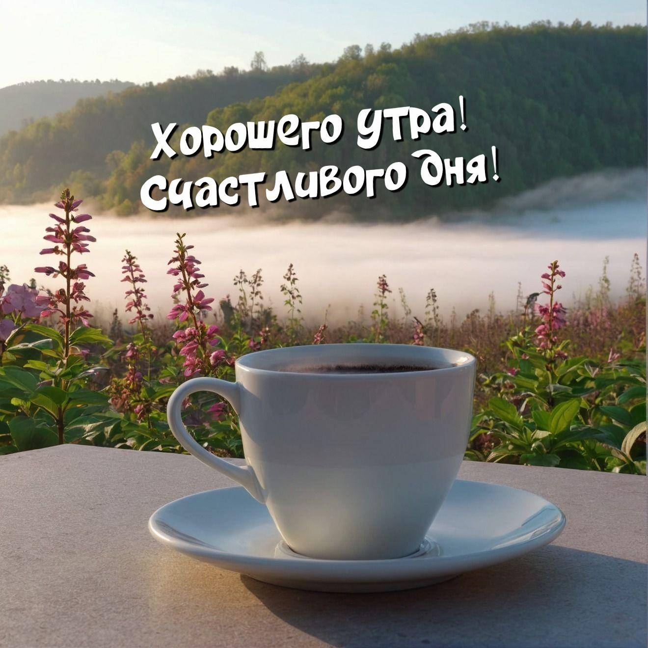 Туманное утро с чашкой кофе на деревянном столе