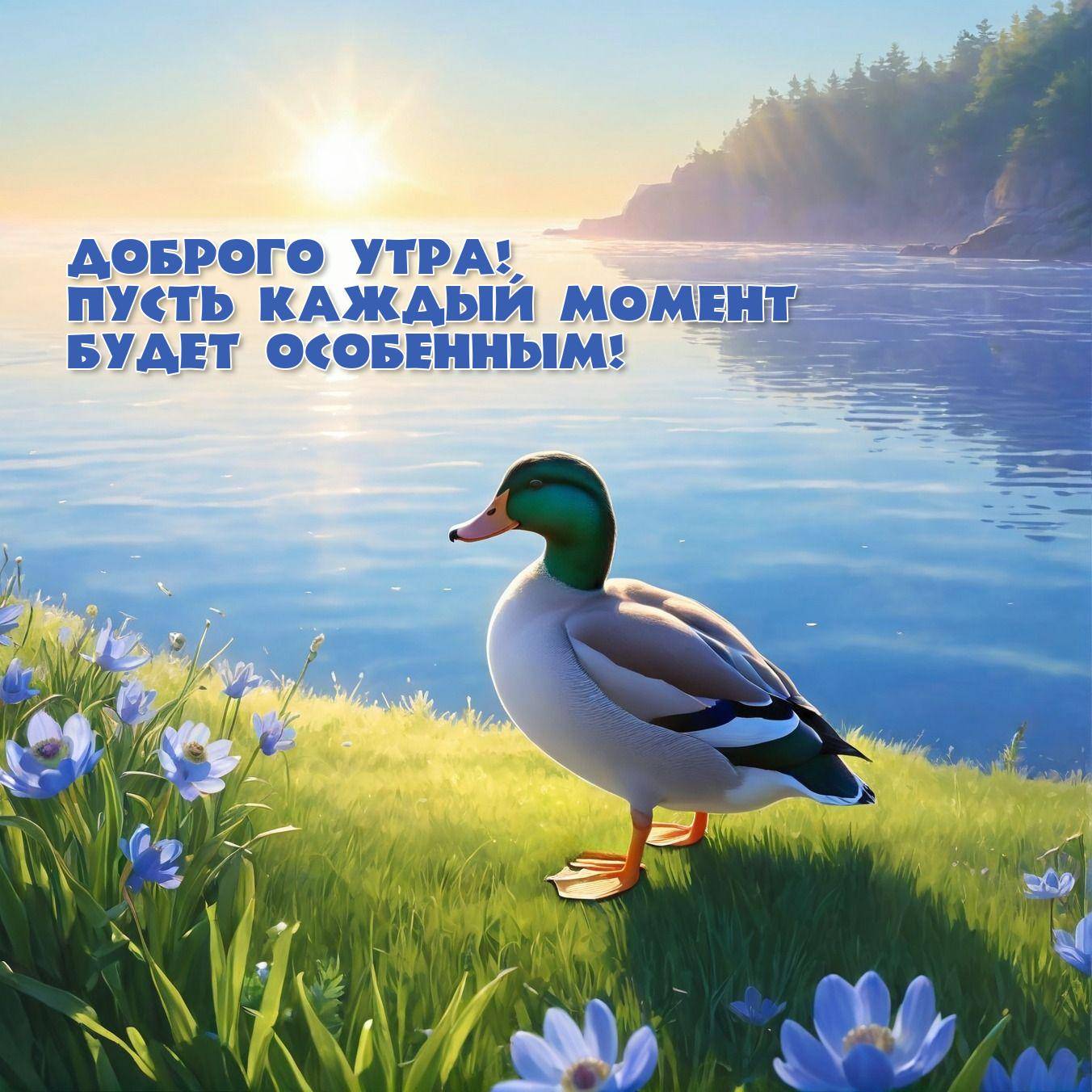 Утка на берегу моря среди цветов