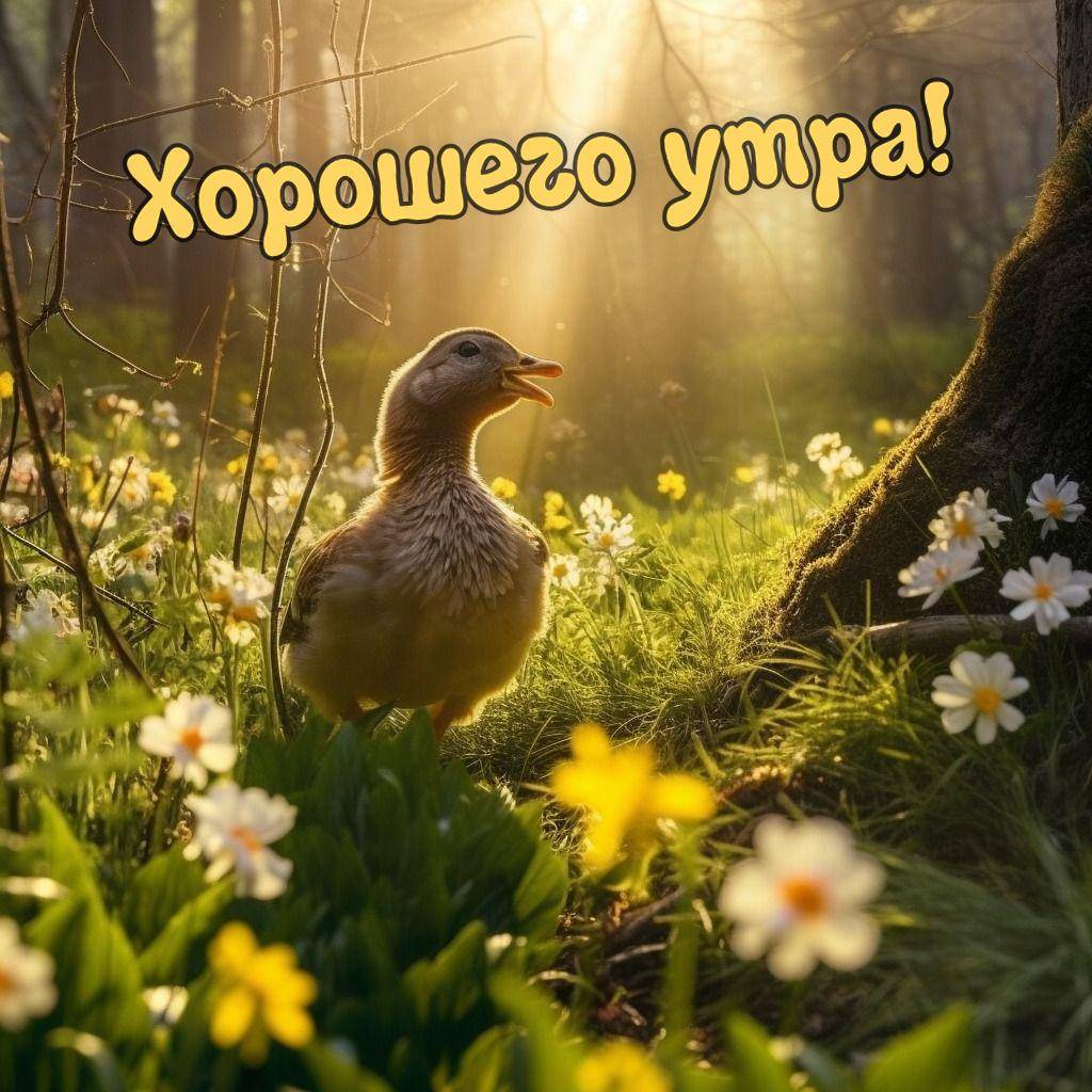 Утка среди цветов на рассвете