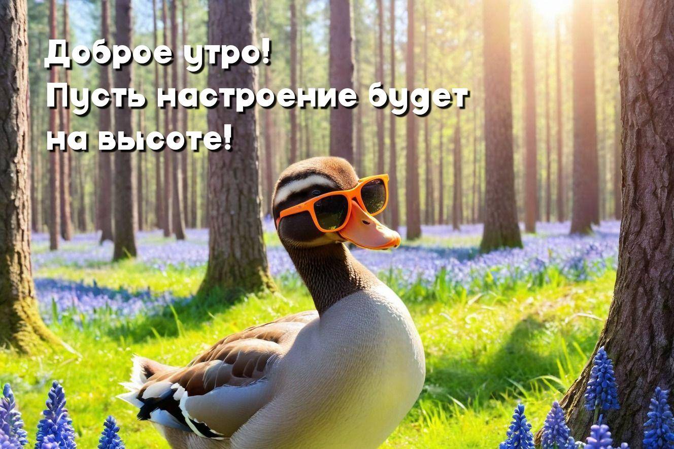 Утка в очках среди леса и цветов
