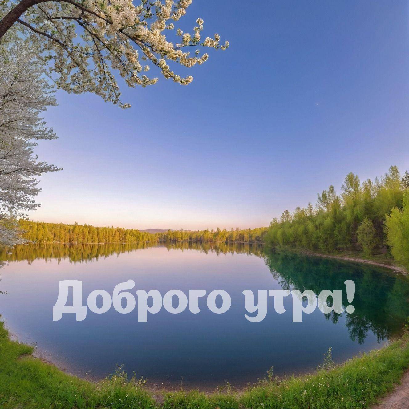 Весенний пейзаж с цветущим деревом у озера