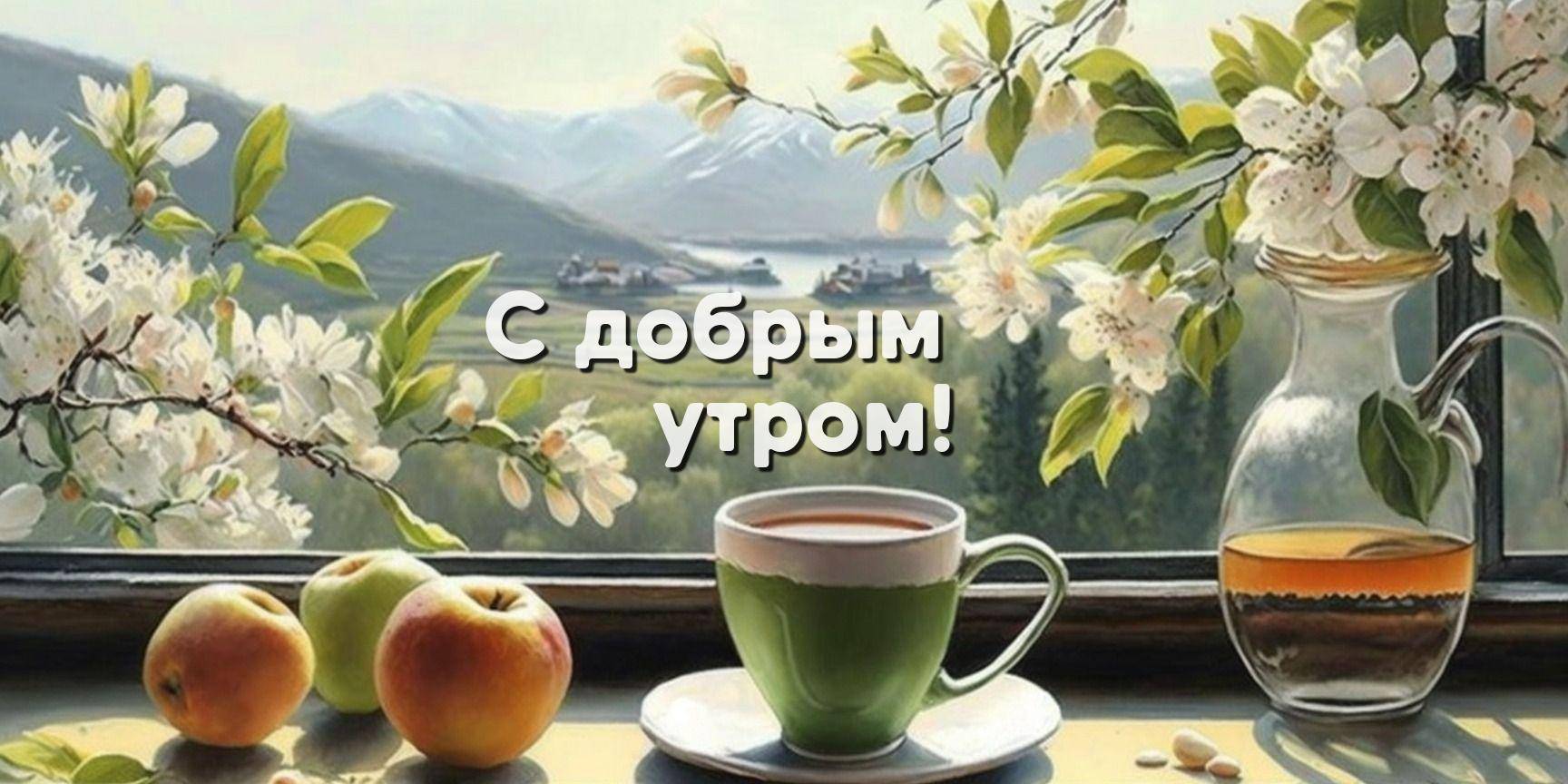 Вид из окна на горы и яблони