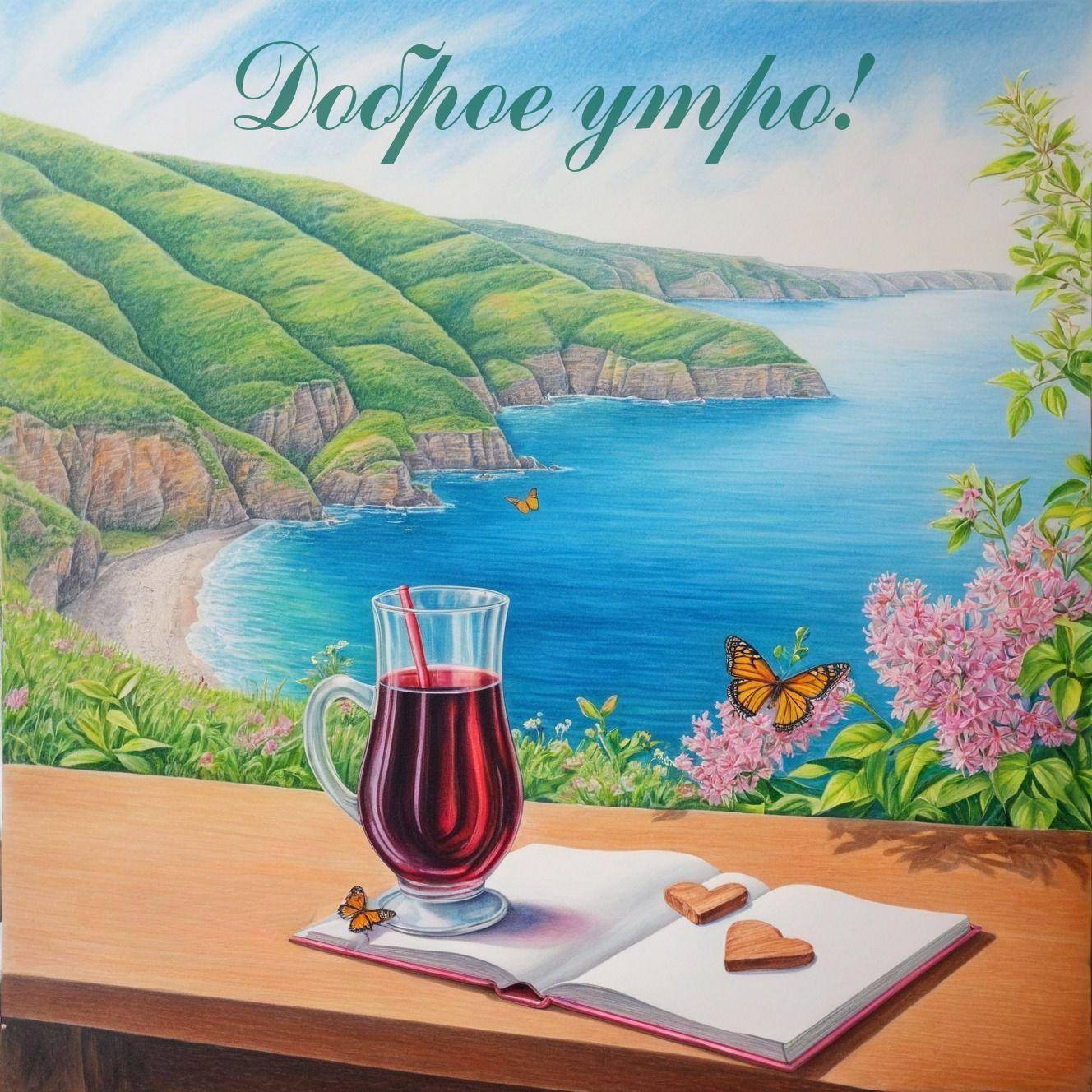 Вид на морской пейзаж с бокалом напитка и открытой книгой