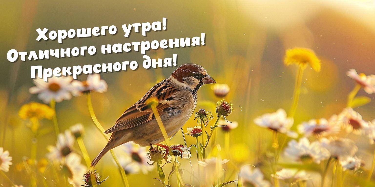 Воробей на цветущем поле с ромашками