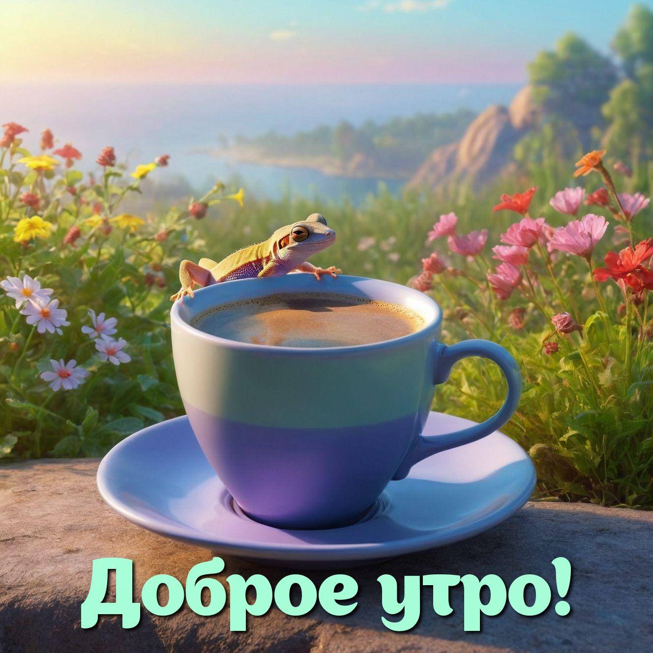 Ящерица на чашке кофе утром среди цветов