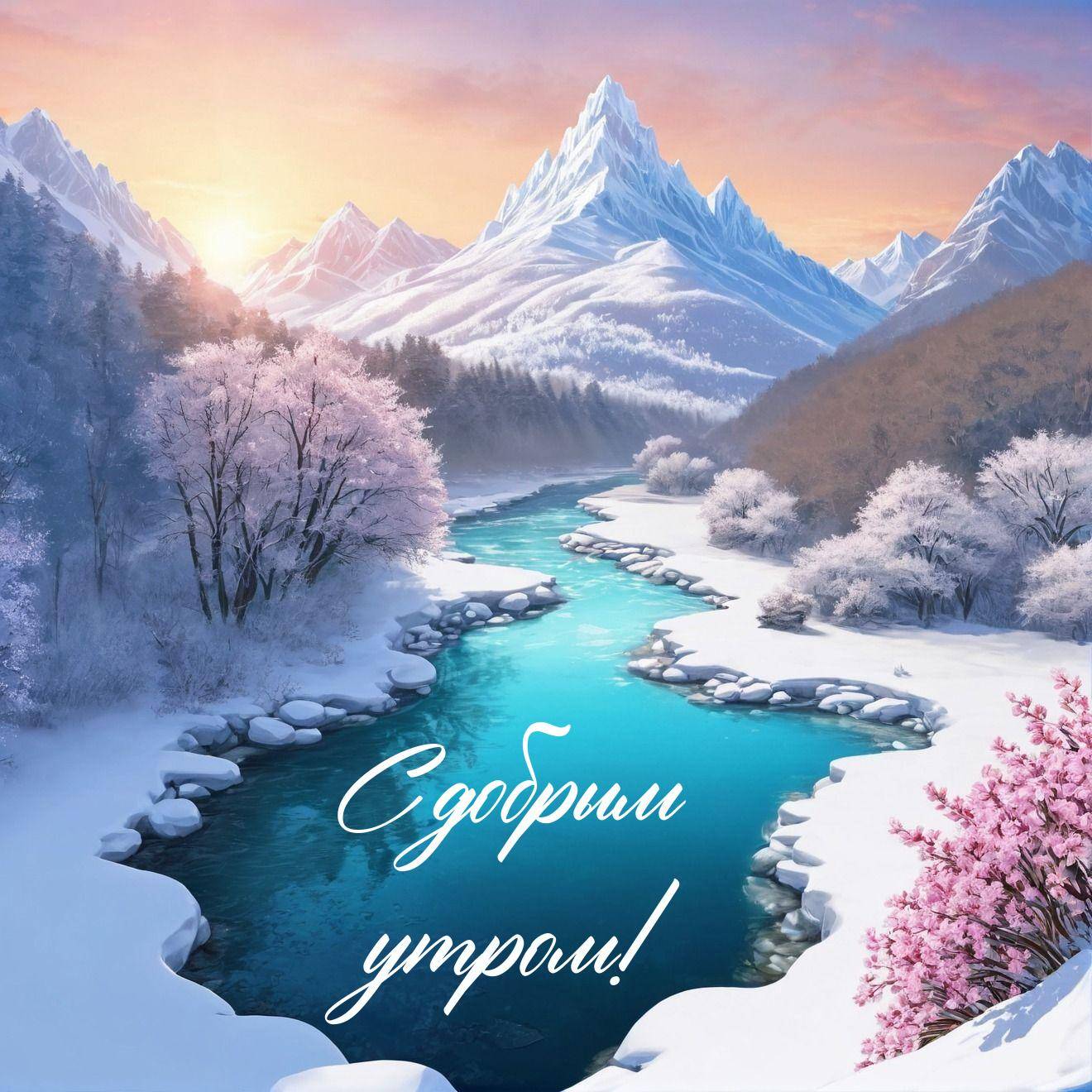 Заснеженные деревья и горы, река среди скал