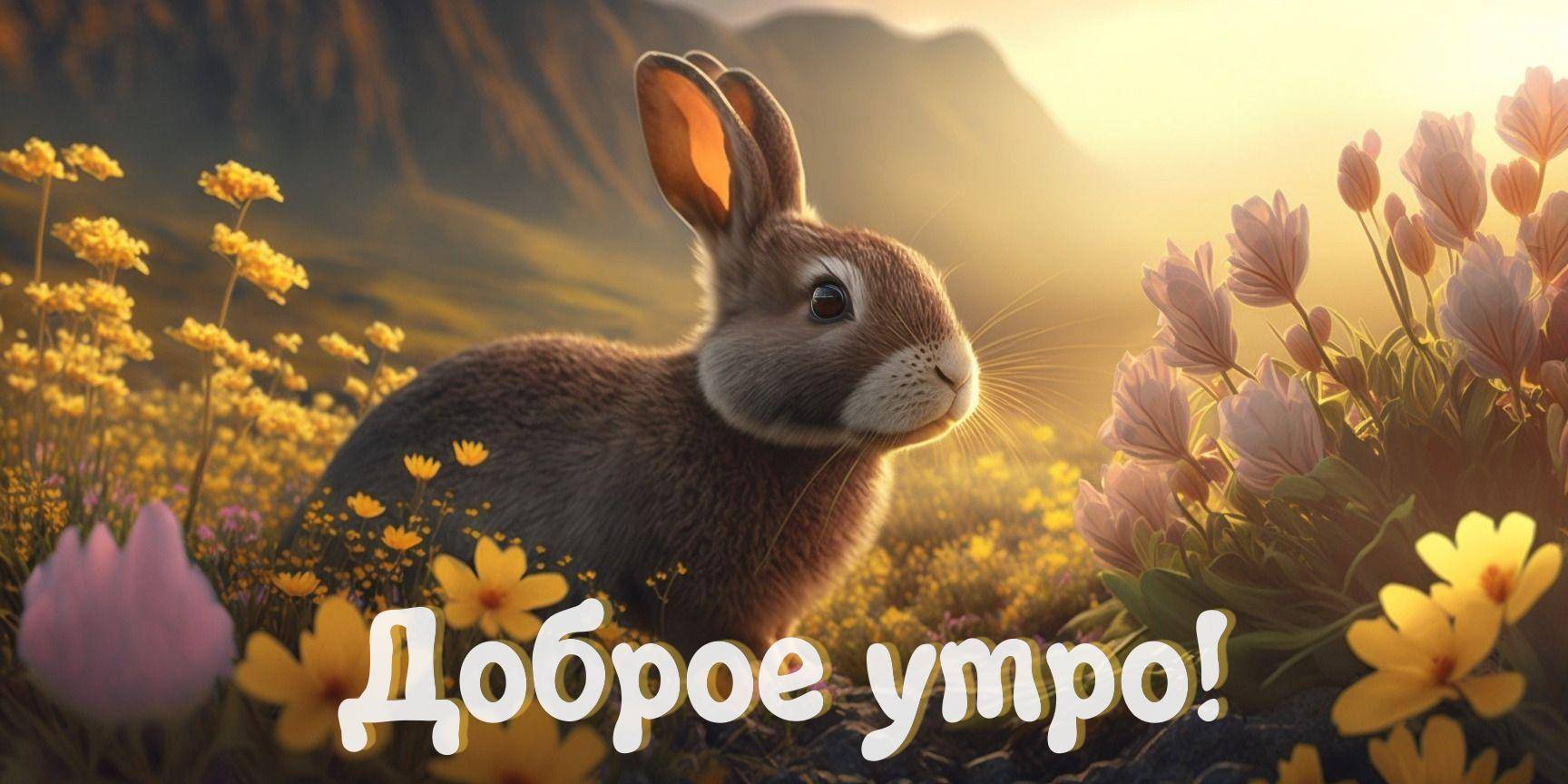 Заяц среди цветов на фоне гор