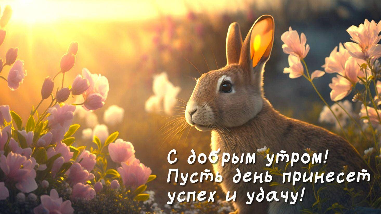 Заяц среди цветов на рассвете