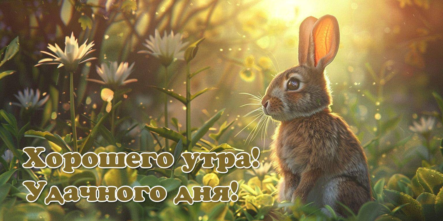 Заяц среди цветов на рассвете, лучи солнца сквозь листву