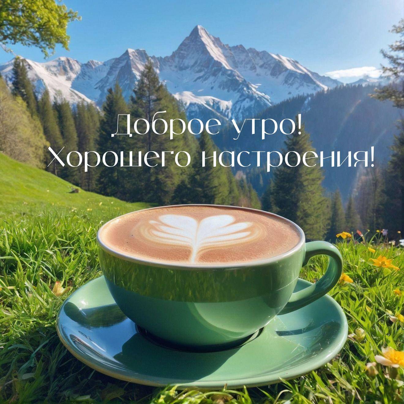 Зелёная чашка с латте на фоне гор