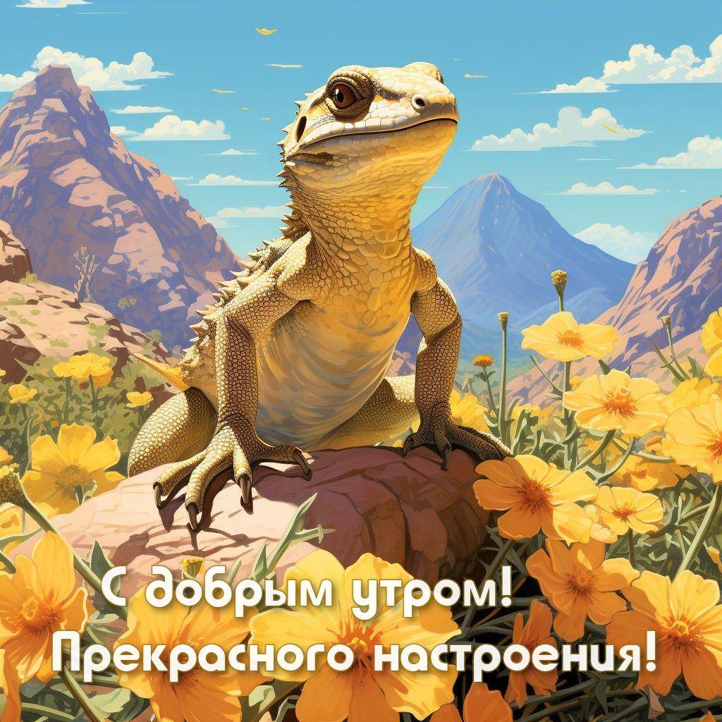 Желтая ящерица среди цветов на фоне гор
