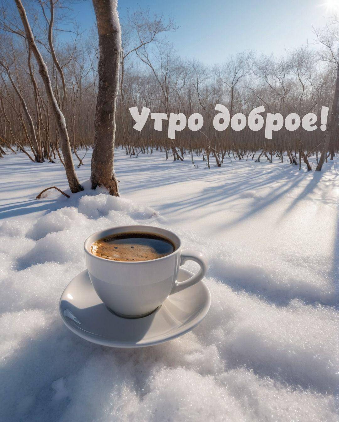 Белая чашка кофе на снегу среди деревьев