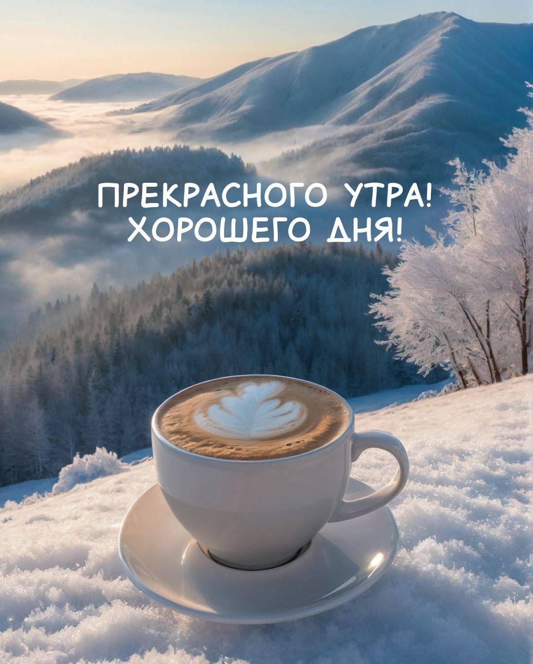 Белая чашка с кофе на снегу, горы, туман