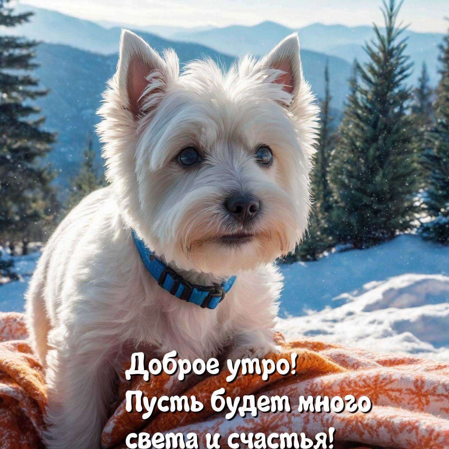 Белая собака на фоне заснеженных деревьев