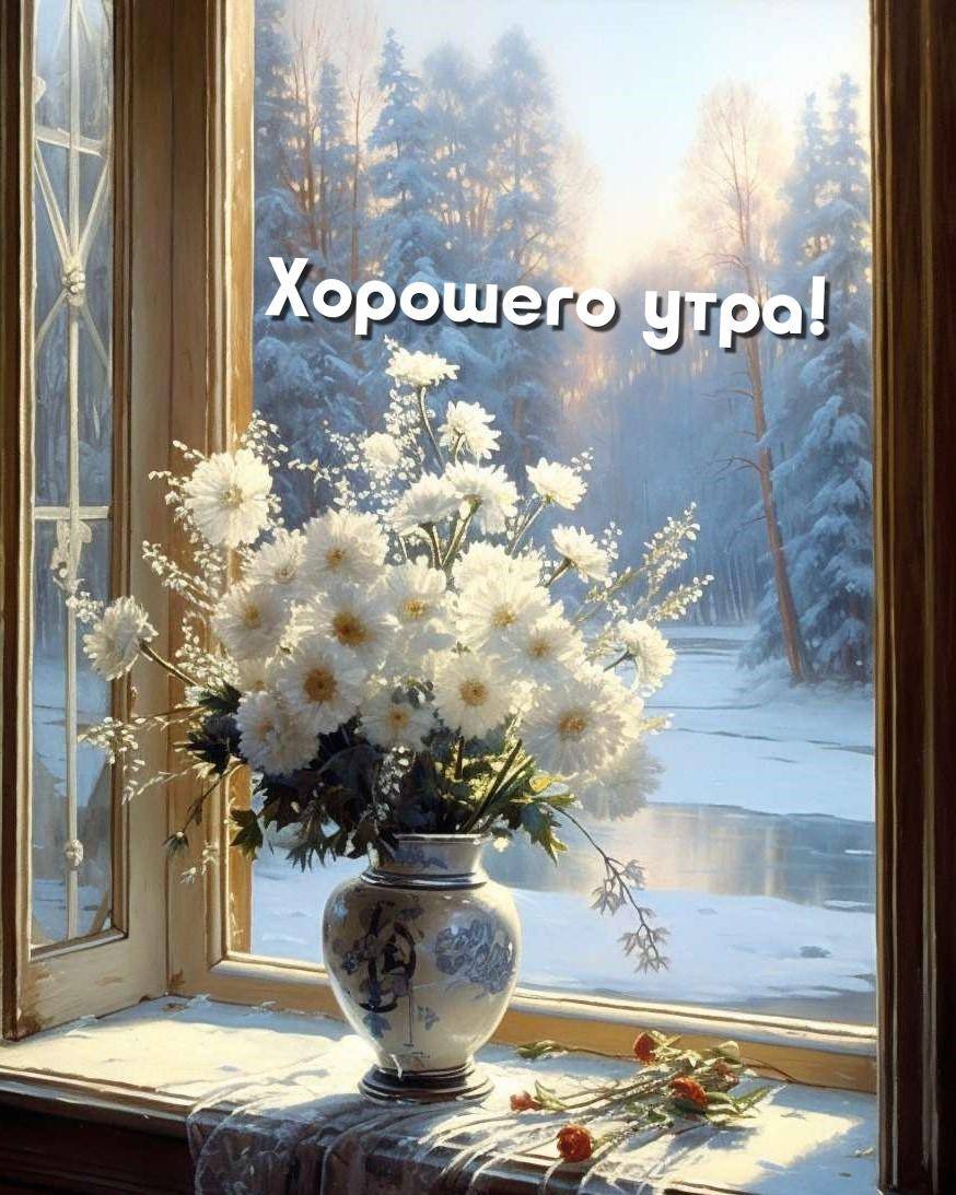 Белые цветы на подоконнике, снежный пейзаж через окно