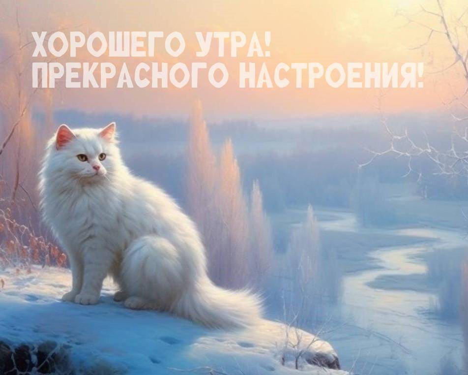 Белый кот на фоне утреннего пейзажа с рекой