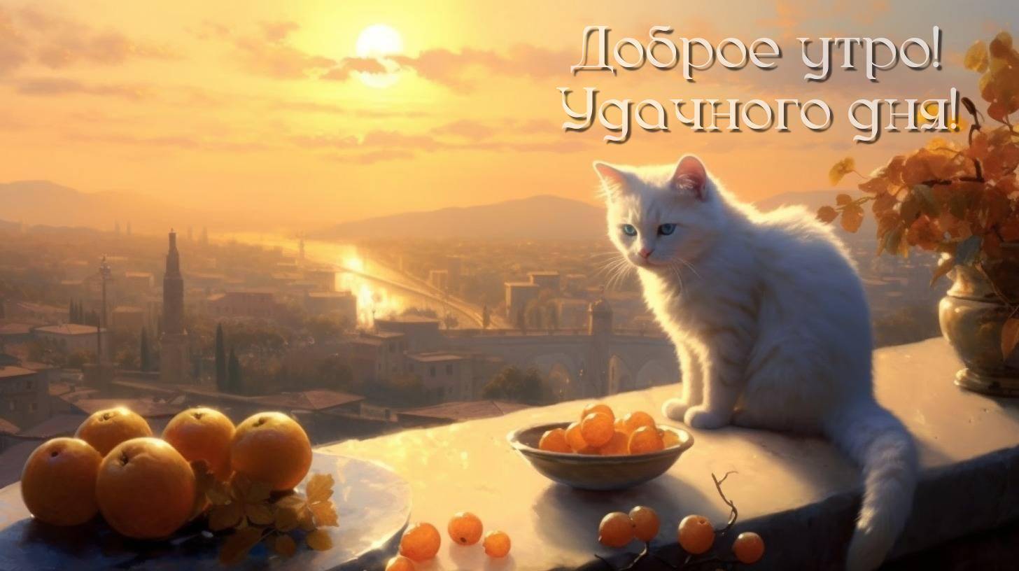Белый кот рядом с миской апельсинов на фоне города