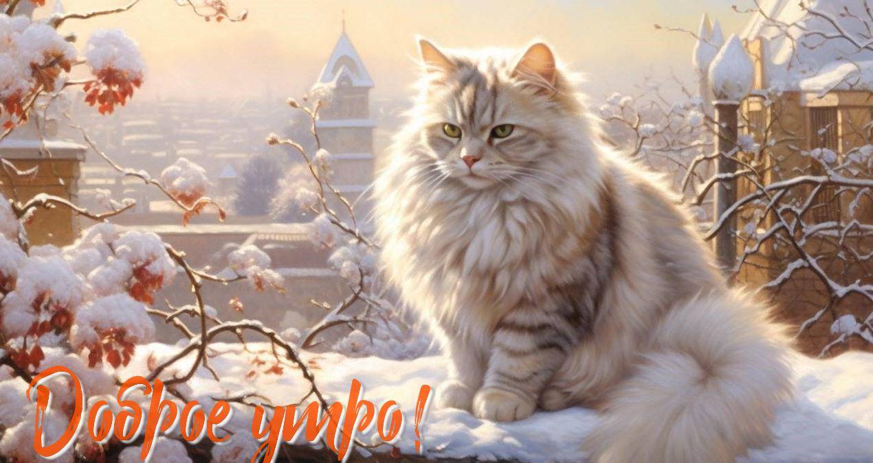 Белый кот сидит на снегу утром