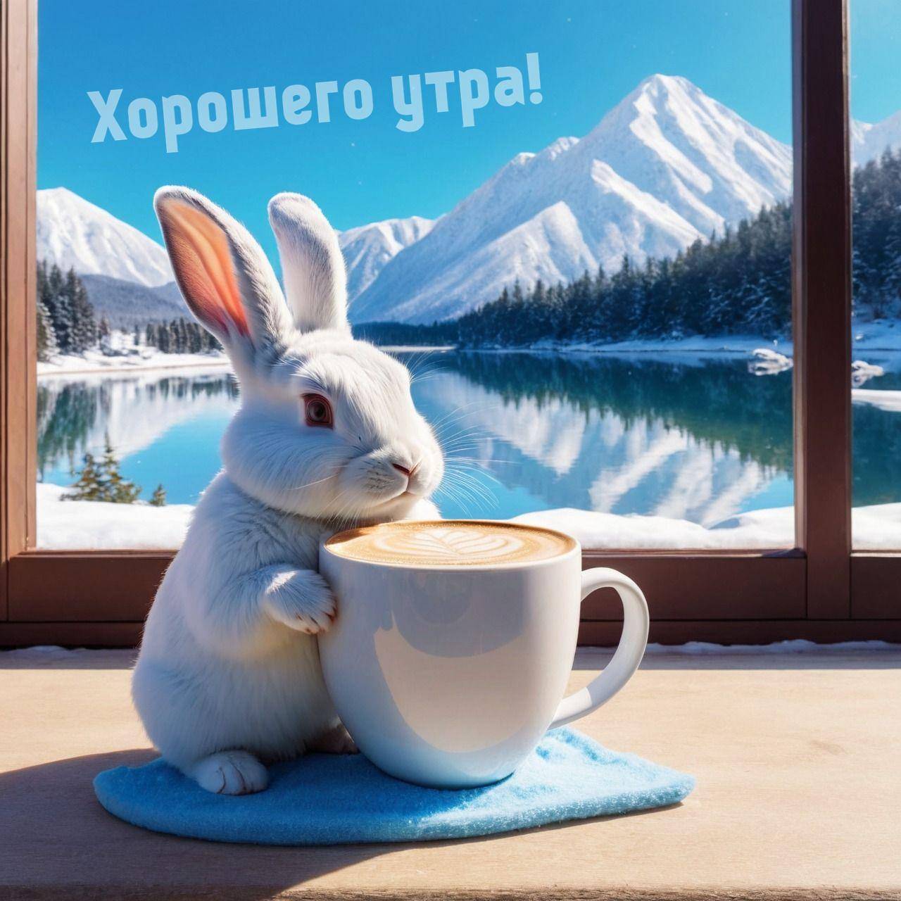 Белый кролик с чашкой кофе на фоне гор
