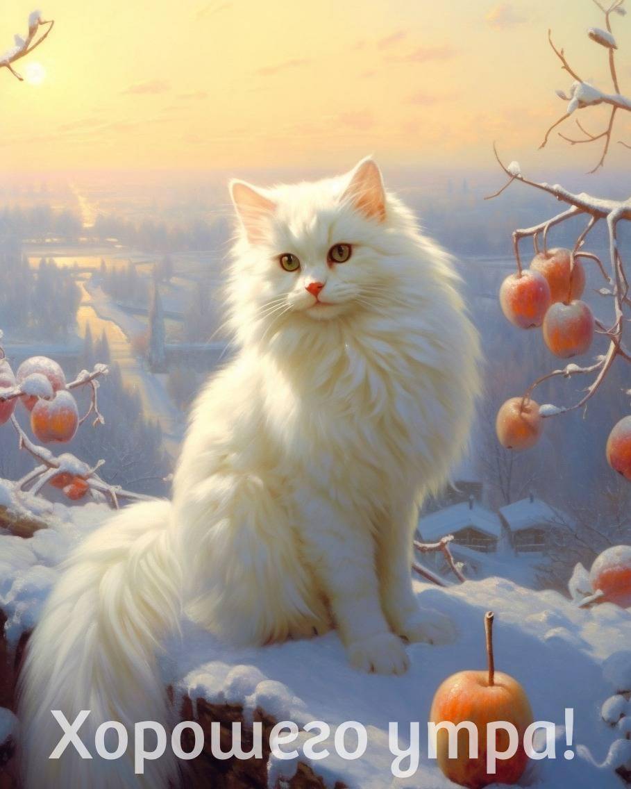 Белый пушистый кот сидит рядом с яблоками