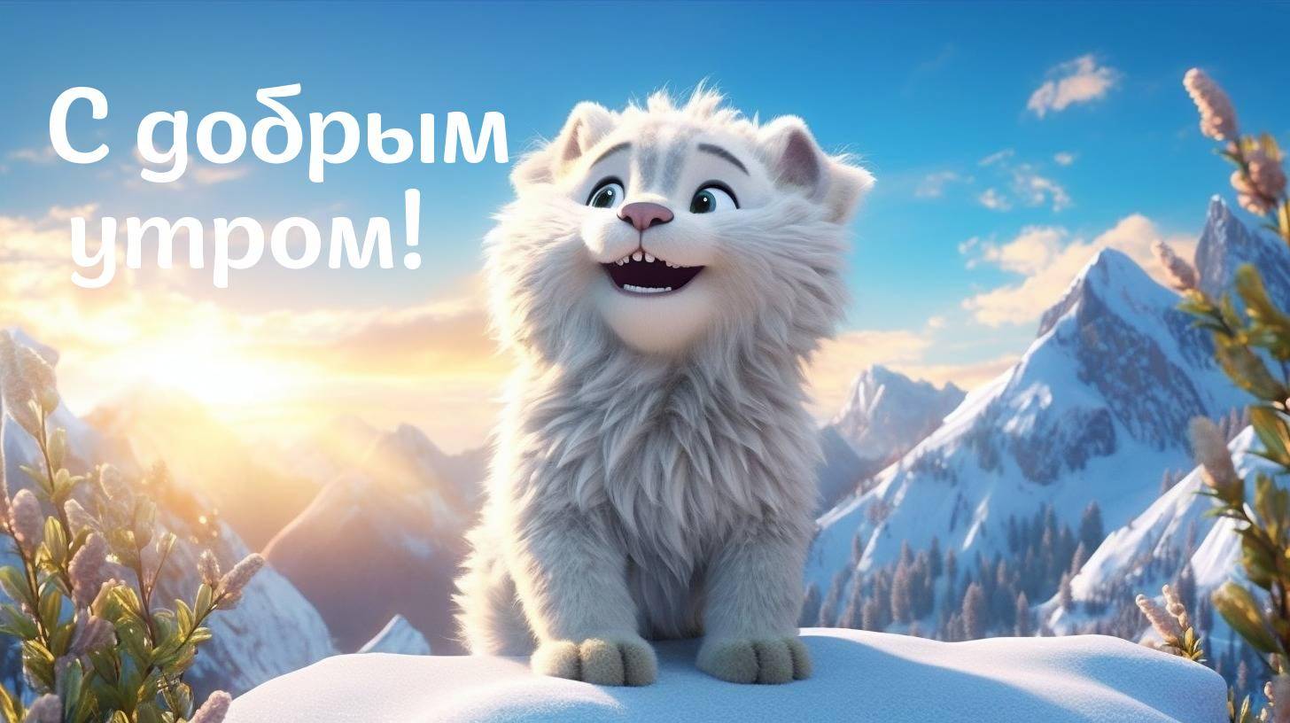 Белый пушистый котенок на фоне гор