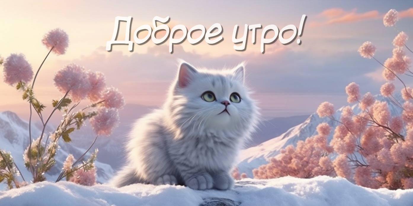 Белый пушистый котенок смотрит вверх на фоне розовых деревьев