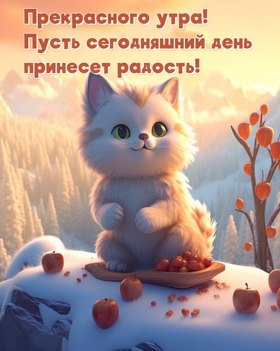 Белый пушистый котенок, яблоки на снегу, зимний пейзаж