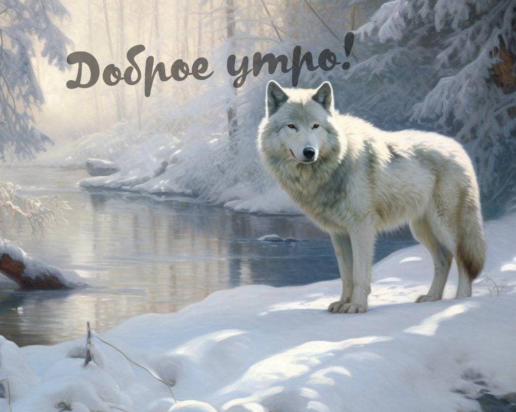 Белый волк на берегу заснеженной реки