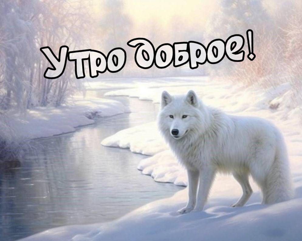 Белый волк на снежном берегу реки