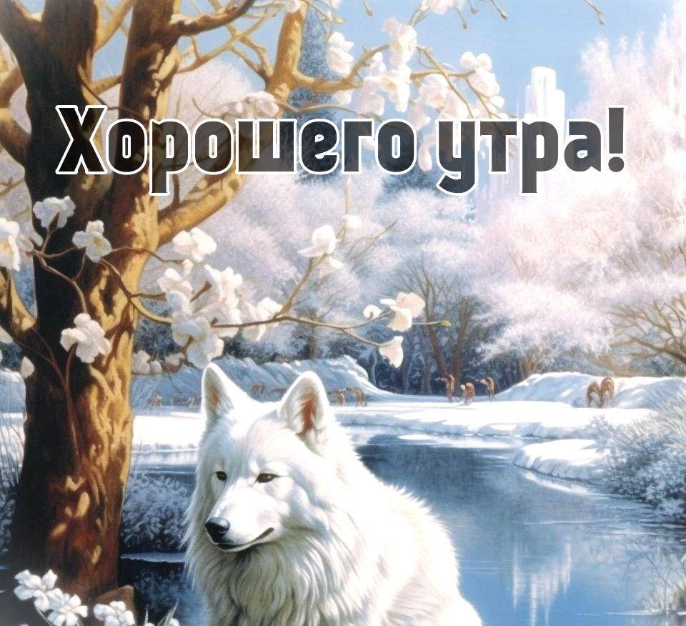 Белый волк у реки, зимний лес, цветущие деревья