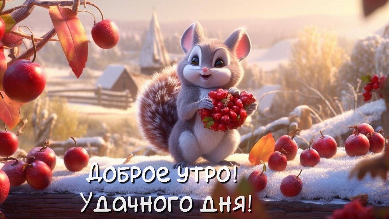 Белка держит красные ягоды, яблоки на снегу, дома вдалеке