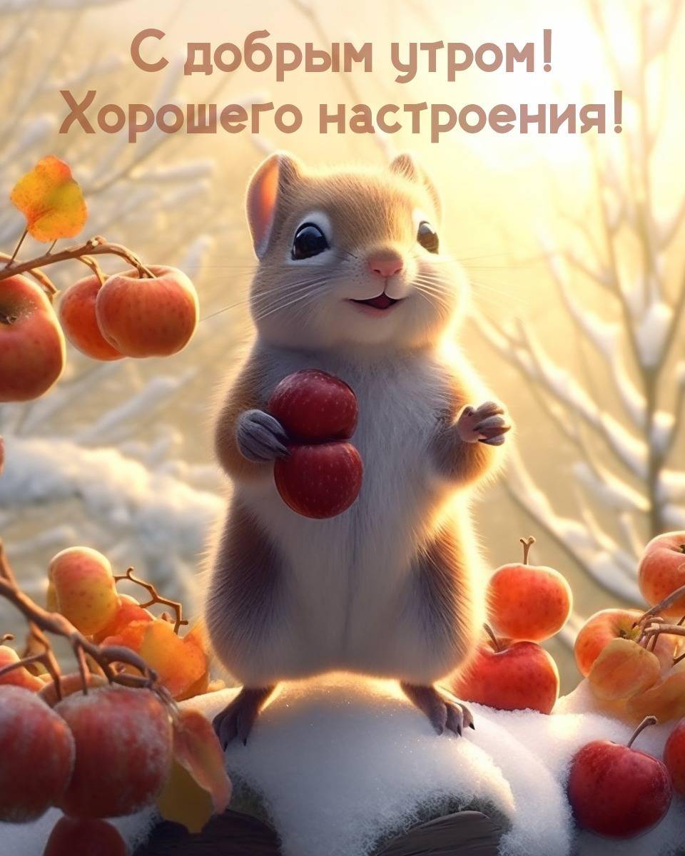 Белка держит яблоко среди заснеженных веток
