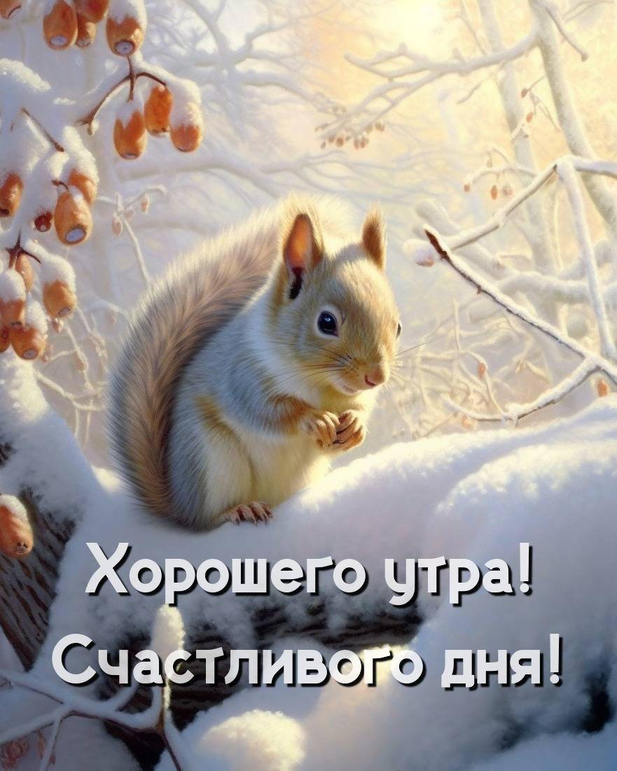 Белка на снежной ветке среди замороженных листьев